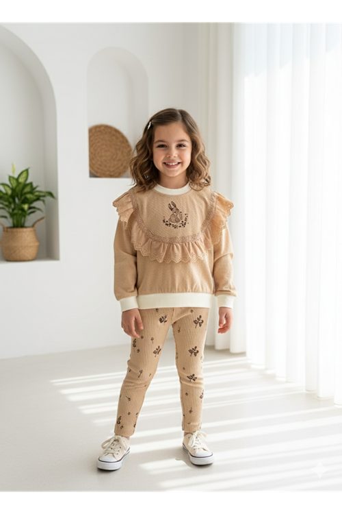 Miniğimin Cicileri Fistolu Sevimli Tavşan Detaylı Bebek Takım - Kahve