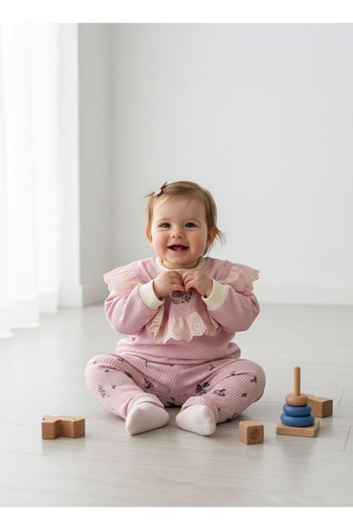 Miniğimin Cicileri Fistolu Sevimli Tavşan Detaylı Bebek Takım - Pembe