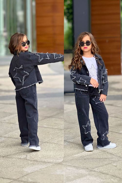 Miniğimin Cicileri Yıldız Nakışlı Kot 3 lü Kız Çocuk Takım - Siyah