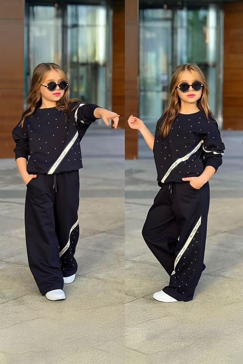 Miniğimin Cicileri Think Şeritli Taşlı 2 lü Kız Çocuk Takım - Siyah