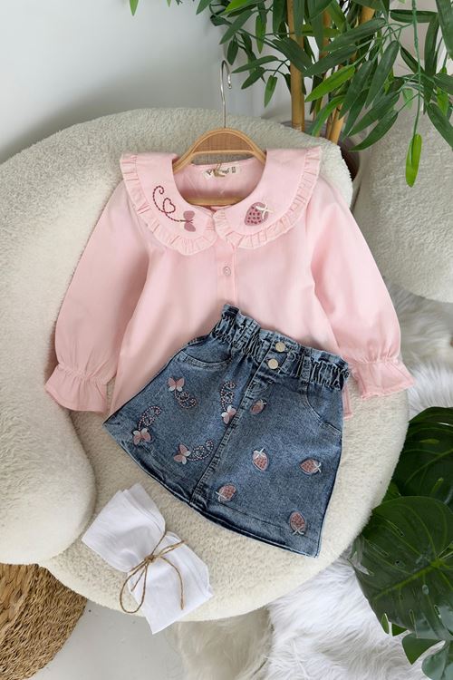 Miniğimin Cicileri Çilek İşleme Detaylı Kot Etekli 3 lü Takım - Pembe