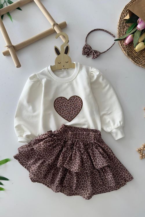 Miniğimin Cicileri Leopar Etekli Kalp Desenli Kız Çocuk Takım - Kahverengi