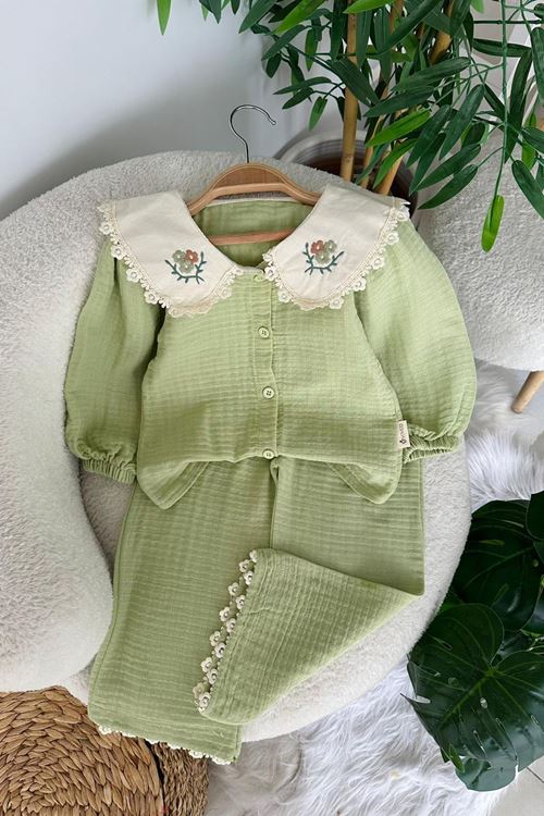 Miniğimin Cicileri Gömlek Yaka Çiçek İşlemeli Müslin Kız Çocuk 2 li Takım - Yeşil