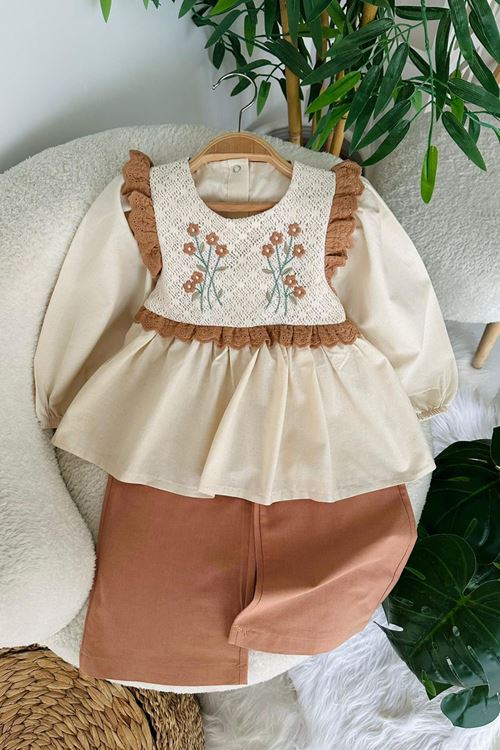 Miniğimin Cicileri Fistolu Çiçek Dantel Detaylı Vintage Kız Çocuk 2 li Takım - Kahverengi