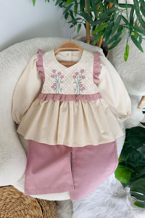 Miniğimin Cicileri Fistolu Çiçek Dantel Detaylı Vintage Kız Çocuk 2 li Takım - Gül Kurusu
