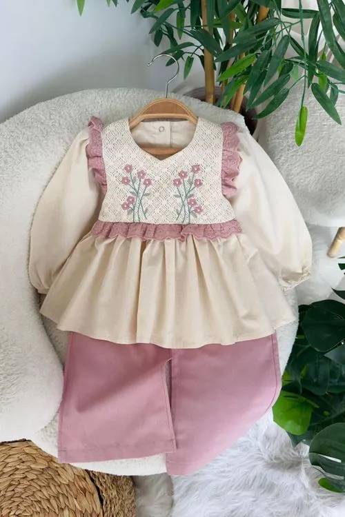 Miniğimin Cicileri Fistolu Çiçek Dantel Detaylı Vintage Kız Çocuk 2 li Takım - Gül Kurusu