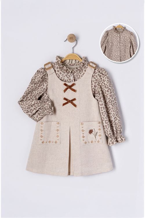 Miniğimin Cicileri Leopar Gömlekli Pamuklu Kız Çocuk Elbise Takım - Bej
