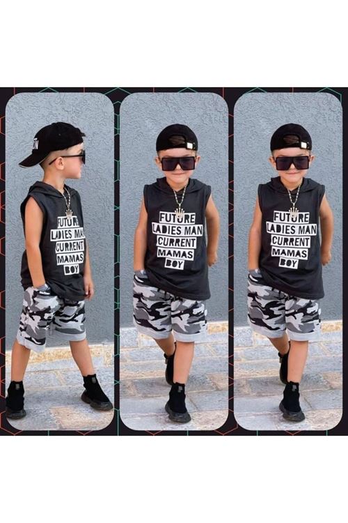 1/8 Mamas Boy Kapüşonlu Erkek Çocuk Şortlu siyah takım