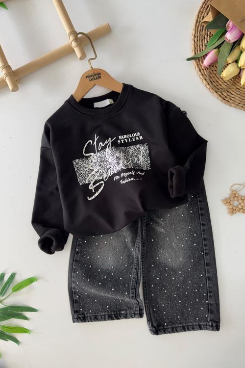 Miniğimin Cicileri Stay Beautiful Taşlı Kot Pantolonlu Kız Çocuk 2 li Takım - Siyah