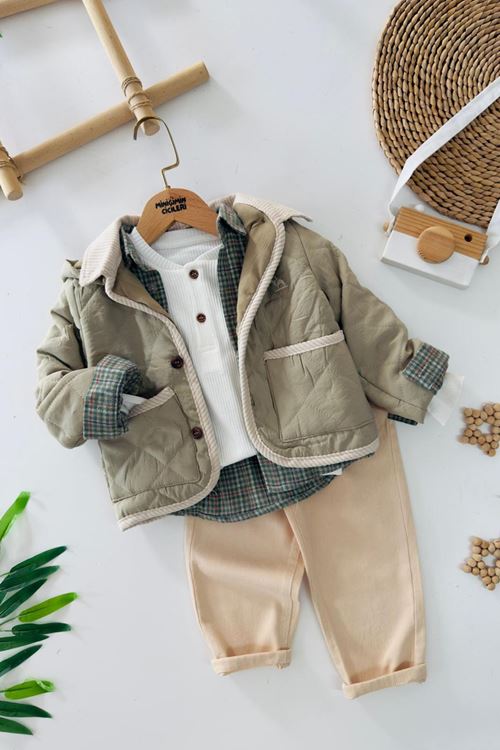 Miniğimin Cicileri Oduncu Gömlekli Montlu Erkek  Çocuk 4 lü Takım - Yeşil