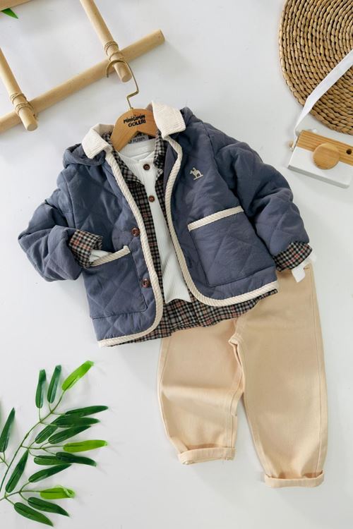 Miniğimin Cicileri Oduncu Gömlekli Montlu Erkek  Çocuk 4 lü Takım - indigo