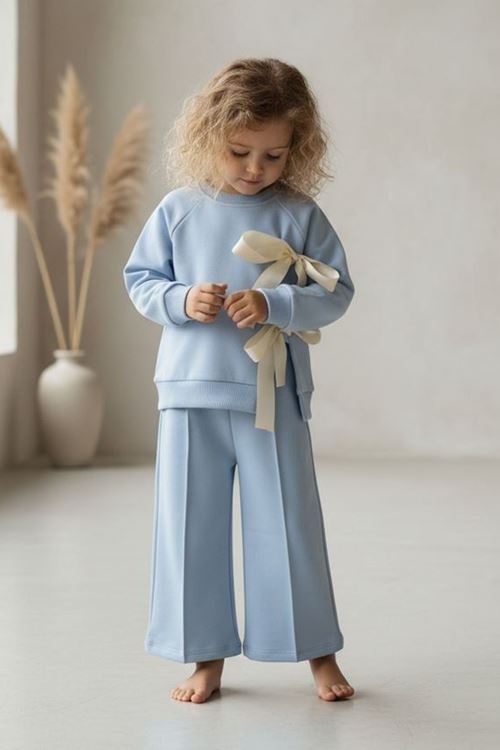 Miniğimin Cicileri Yırtmaçlı Fiyonk Detaylı 2 li Kız Çocuk Takım - Mavi