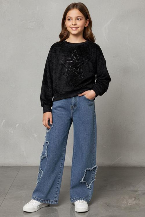 Minigimin Cicileri Yıldız Taşlı Detaylı Sweatshirt Yıldız Detay Jean Pantolonlu 2 li Kız Çocuk Takım - Siyah