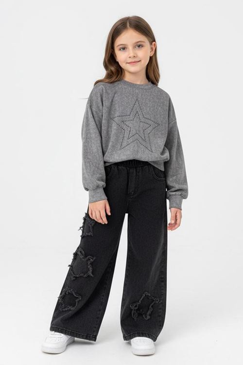 Minigimin Cicileri Yıldız Taşlı Detaylı Sweatshirt Yıldız Detay Jean Pantolonlu 2 li Kız Çocuk Takım - Gri