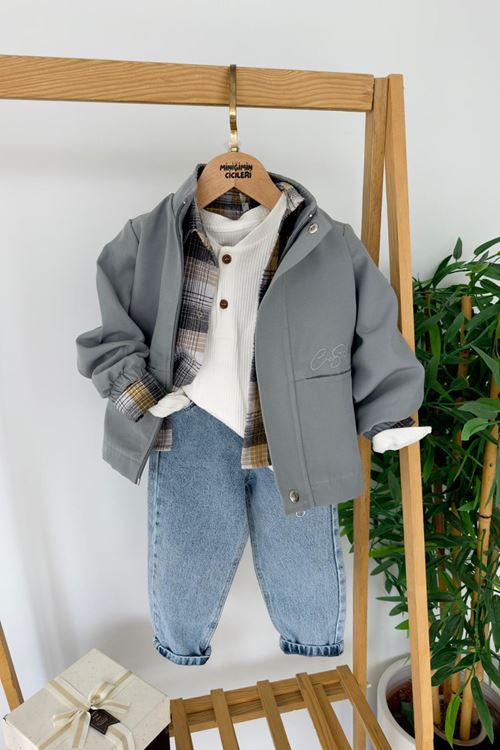 Miniğimin Cicileri Premium Oduncu Gömlekli  Erkek Çocuk 4 Lü Takım - Gri