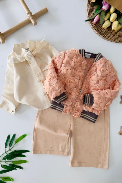 Miniğimin Cicileri Gül Desen Ceketli Taşlı Gömlekli 3 lü Takım - Somon