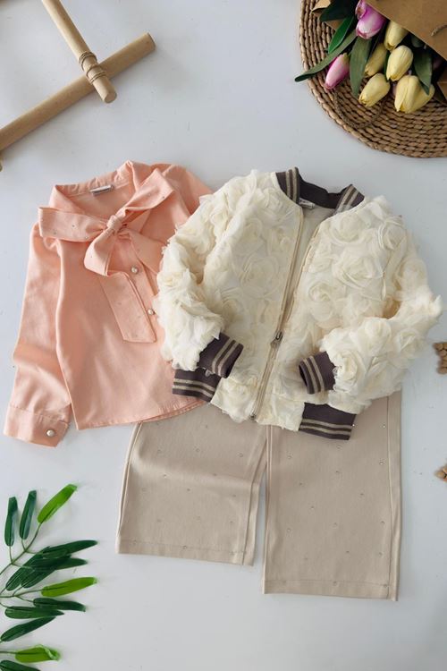 Miniğimin Cicileri Gül Desen Ceketli Taşlı Gömlekli 3 lü Takım - Krem