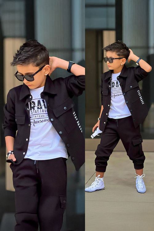 Miniğimin Cicileri Stay Brave Baskılı Waffl 3 lü Erkek Çocuk Takım - Siyah