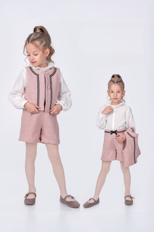 Minigimin Cicileri Tüvit Şeritli 3 lü Yelekli Kız Çocuk Takım - Pudra