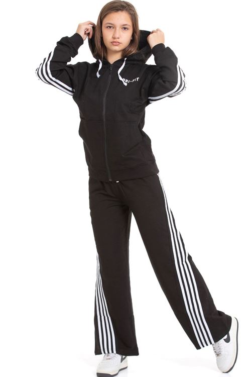 Minigimin Cicileri Şeritli Dri Fit Kapşonlu Kız Çocuk 2 li Eşofman Takımı - Siyah