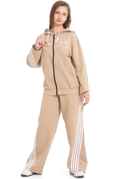 Minigimin Cicileri Şeritli Dri Fit Kapşonlu Kız Çocuk 2 li Eşofman Takımı - Bej