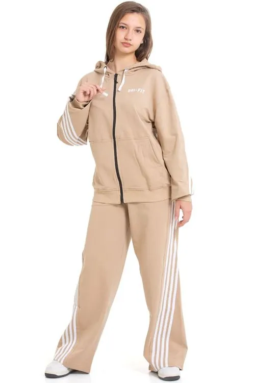 Minigimin Cicileri Şeritli Dri Fit Kapşonlu Kız Çocuk 2 li Eşofman Takımı - Bej