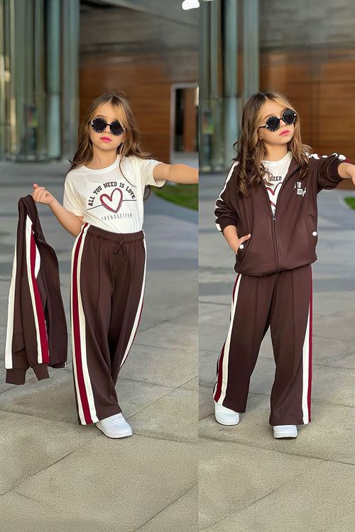 Minigimin Cicileri All You Şeritli Oysho 3 lü Kız Çocuk Takım - Kahverengi