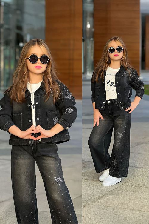 Minigimin Cicileri Yıldız Taşlı Kot 3 lü Kız Çocuk Takım - Siyah