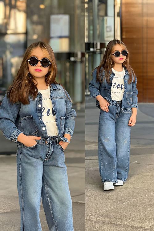 Minigimin Cicileri Yıldız Taşlı Kot 3 lü Kız Çocuk Takım - Mavi