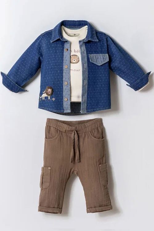 Minigimin Cicileri Lion Nakışlı Denim Ceket 3'Lü Erkek Bebek Takım - Mavi