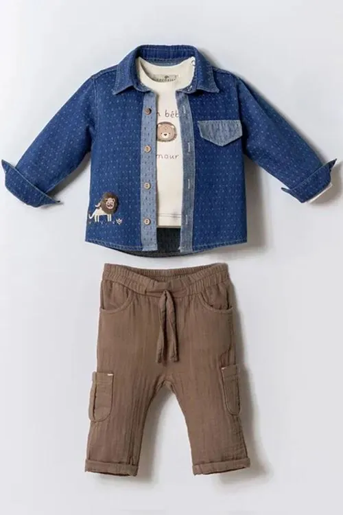 Minigimin Cicileri Lion Nakışlı Denim Ceket 3'Lü Erkek Bebek Takım - Mavi