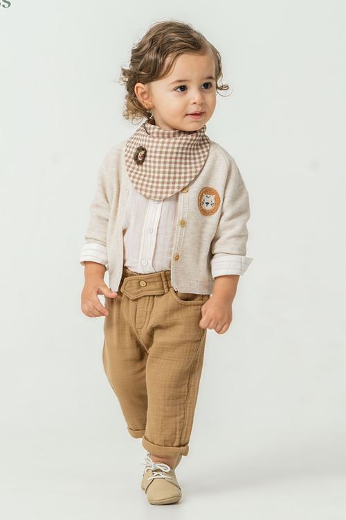 Minigimin Cicileri Süzüne Aslan Nakışlı Triko Hırka 4'lü Erkek Bebek Takım - Bej