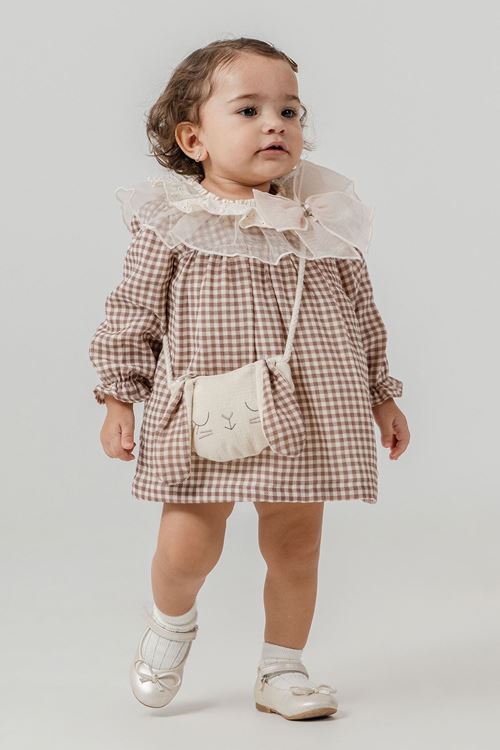 Minigimin Cicileri Prenses Yaka Tül Güpürlü Pötükare Elbise Çantalı 2'Li Kız Bebek Takım - Kahverengi