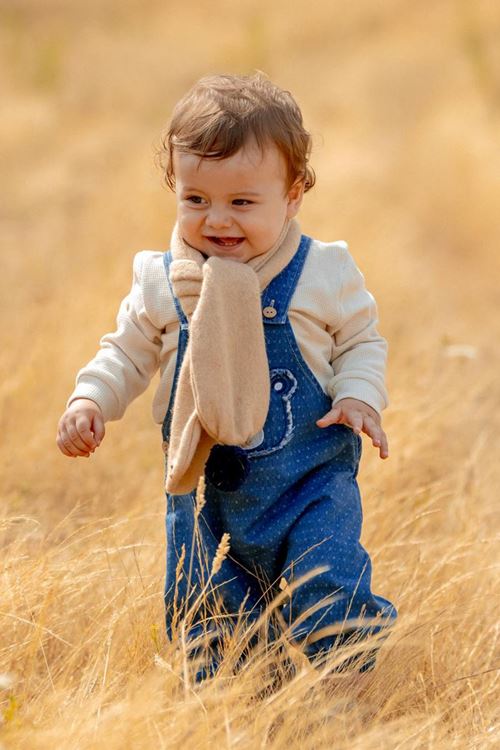 Minigimin Cicileri Ayıcık Nakışlı Denim Salopet 3'lü Erkek Bebek Takım - Mavi