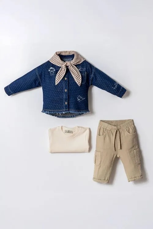 Minigimin Cicileri Sevimli Figürlü Denim Gömlek 4'LÜ Erkek Çocuk Takım - Koyu Mavi