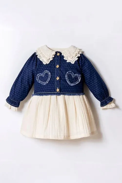 Minigimin Cicileri Kalp İşleme Denim Ceket Bebe Yaka Müslim Elbise 2'Lİ Kız Çocuk Takım - Koyu Mavi