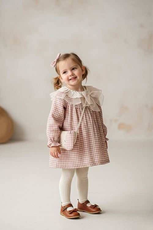 Minigimin Cicileri Prenses Yaka Tül Güpürlü Pötükare Elbise Çantalı 2'Li Kız Bebek Takım - Gül Kurusu