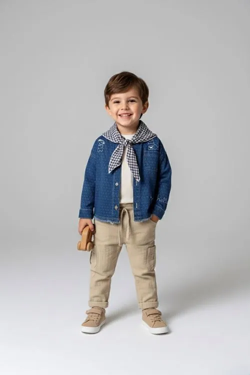 Minigimin Cicileri Sevimli Figürlü Denim Gömlek 4'LÜ Erkek Çocuk Takım - Açık Mavi
