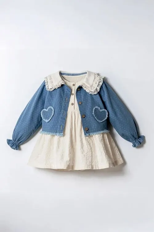 Minigimin Cicileri Kalp İşleme Denim Ceket Bebe Yaka Müslim Elbise 2'Lİ Kız Çocuk Takım - Açık Mavi