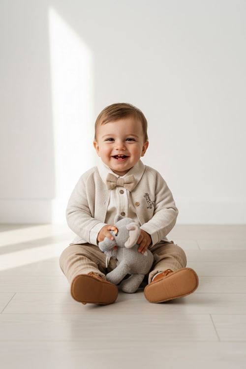 Minigimin Cicileri Zurefa Nakışlı Triko Hırka 4'LÜ Erkek Bebek Takım - Bej