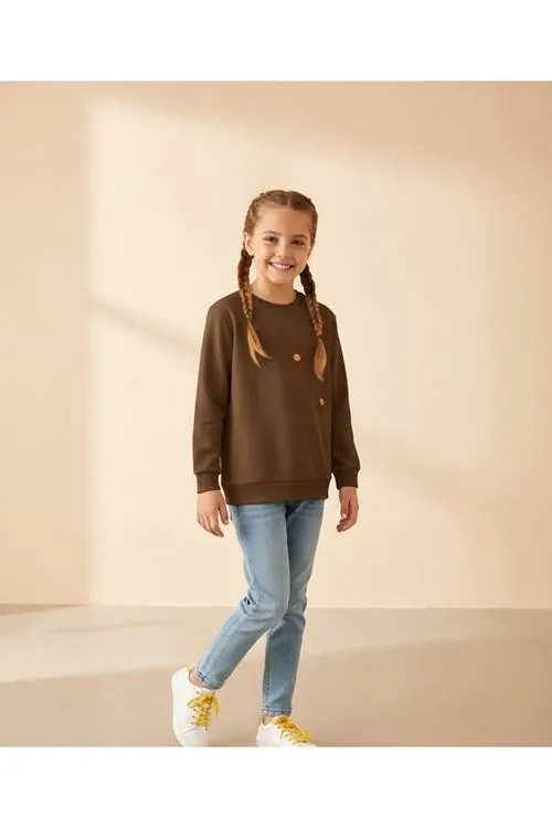 Miniğimin Cicileri Pul Çiçek İşlemeli Kız Çocuk Sweat - Kahve