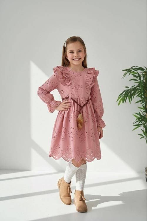 Miniğimin Cicileri (9-12 Yaş) Brode Kemerli Kız Çocuk Elbise - Gül Kurusu