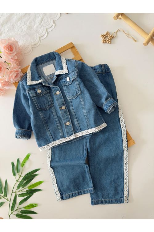 Miniğimin Cicileri Dantel Şerit Detaylı Kot Ceket ve Pantolon Kız Çocuk Takımı - Mavi