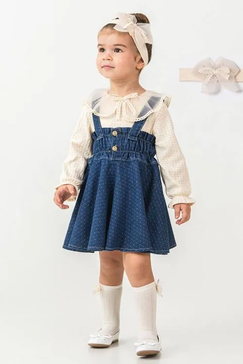 Minigimin Cicileri Yaka Tül Detaylı Prenses Denim Elbise 3'LÜ Kız Bebek Takım - Açık Mavi