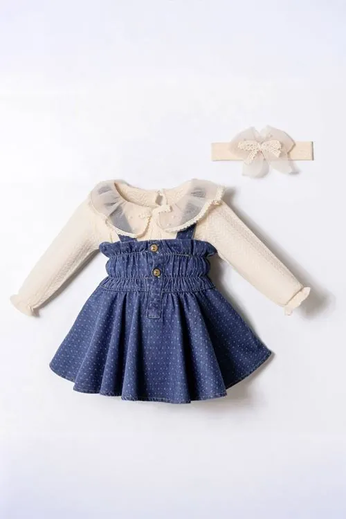 Minigimin Cicileri Yaka Tül Detaylı Prenses Denim Elbise 3'LÜ Kız Bebek Takım - Koyu Mavi