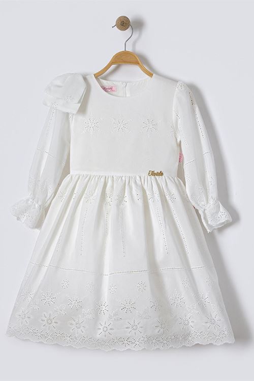 Minigimin Cicileri Brode Nakış Detaylı Kız Çocuk Elbise - Ekru