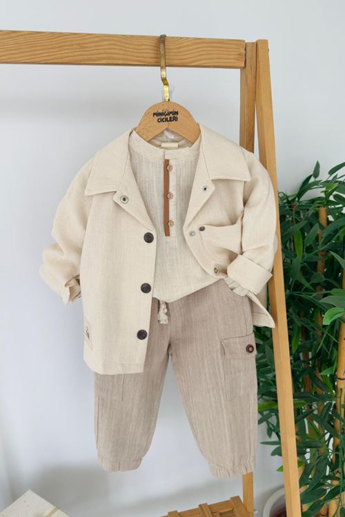 Miniğimin Cicileri Keten Ceketli Spor Cepli Erkek Çocuk 3 lü Takım - Bej
