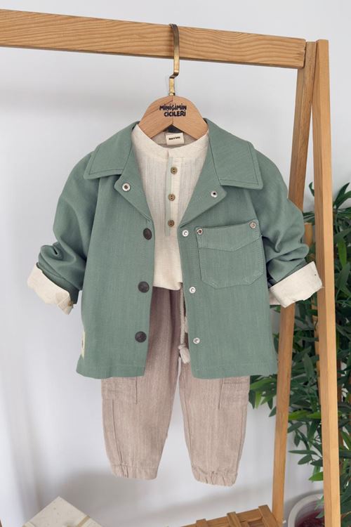 Miniğimin Cicileri Keten Ceketli Spor Cepli Erkek Çocuk 3 lü Takım - Yeşil