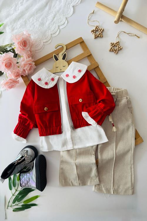 Miniğimin Cicileri Gül İşleme  Detaylı Ceketli 3 lü Kız Çocuk Takım - Kırmızı