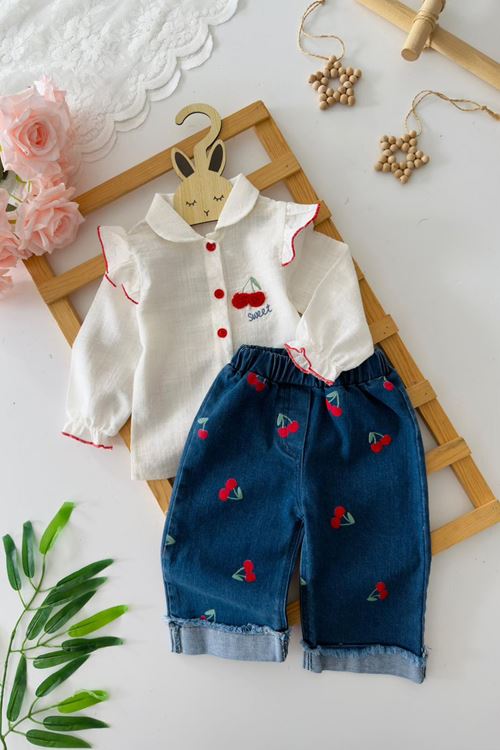 Miniğimin Cicileri Kiraz Desenli Volanlı Kız Bebek 2 li Takım - Ekru